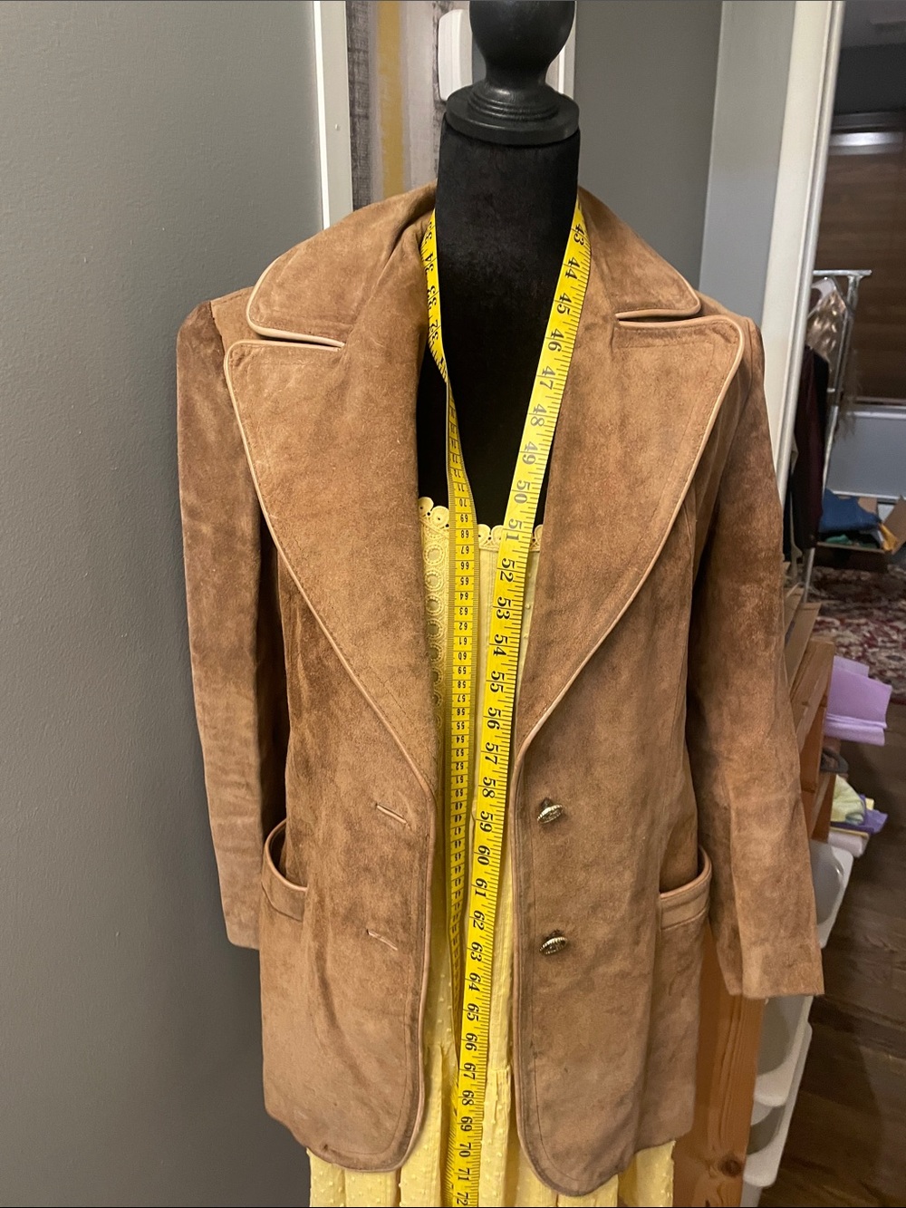 Brown Suede Long Jacket with Piping - Picture 2 of 2